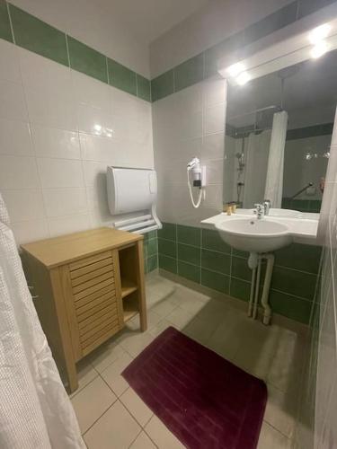 une salle de bain avec un lavabo et un miroir dans l'établissement Charmant appartement avec terrasse, à Arreau