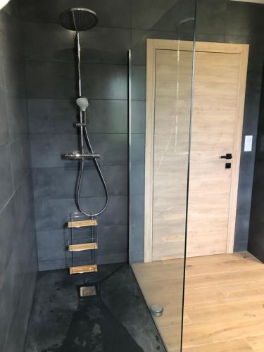 een douche met een glazen deur in een badkamer bij La Villa in Brive-la-Gaillarde