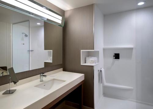 bagno con lavandino bianco e doccia di Courtyard by Marriott Schenectady at Mohawk Harbor a Schenectady