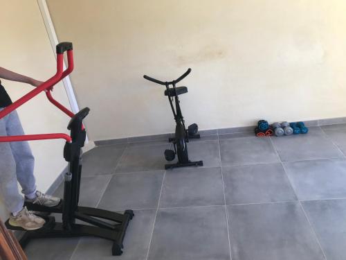 a person standing in a room with two exercise bikes at Gîte A Funtana Montestremo, Balagne, Haute Corse in Manso