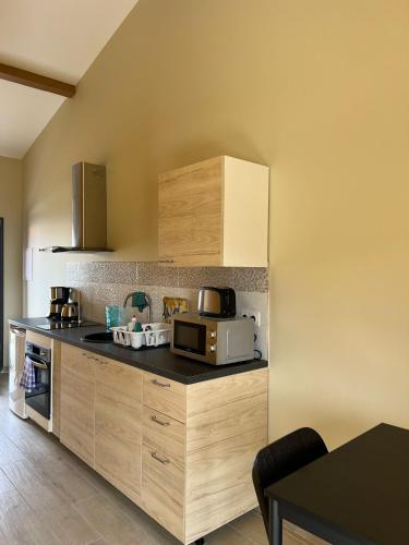 une cuisine avec un comptoir avec un micro-ondes dans l'établissement eco nature, gite à la ferme, à Vendays-Montalivet