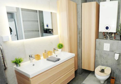 een badkamer met een wastafel, een toilet en een spiegel bij Casa de Dinca, 2 bedroom, big balcony, free parking zone in Zagreb