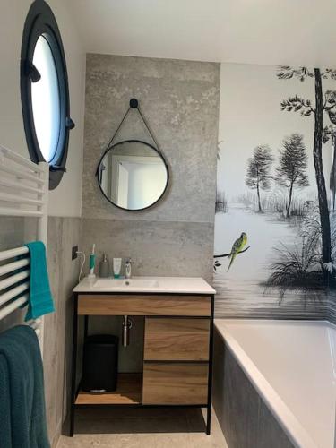 une salle de bain avec un lavabo, un miroir et une baignoire dans l'établissement Maison de vacances piscine intérieure La Rochelle, à La Rochelle