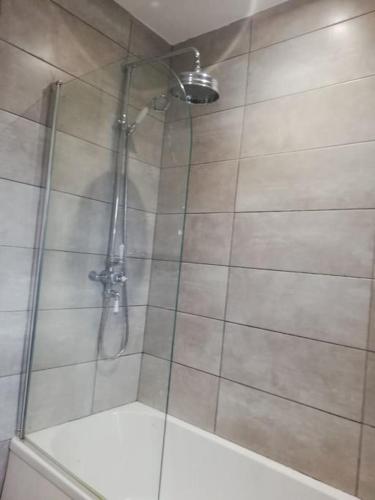 a shower with a glass door in a bathroom at Entire House in Belfast