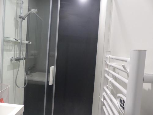 une douche avec une porte en verre dans une salle de bain dans l'établissement Cottage du Lac, à Olonzac