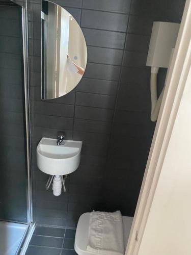 a bathroom with a sink and a mirror and a toilet at Exhibition Court Hotel 4 in London
