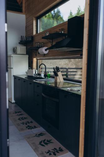 a kitchen with black cabinets and a sink and a window at Zillya Club in Tatariv