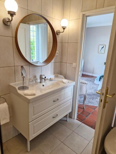 a bathroom with a sink and a mirror at Maison Coqueréaumont in Montagne