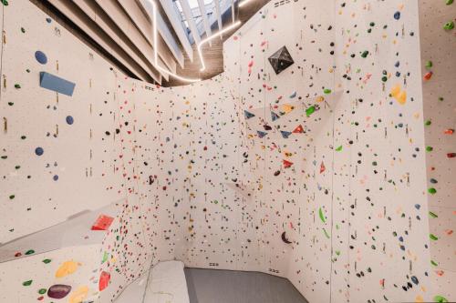 una stanza con una parete da arrampicata piena di pietre di Aethos Monterosa a Champoluc