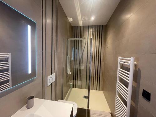 une salle de bain avec une douche, des toilettes et un lavabo dans l'établissement Tour médiévale rénovée au cœur du Pays du Mont-Blanc, à Sallanches