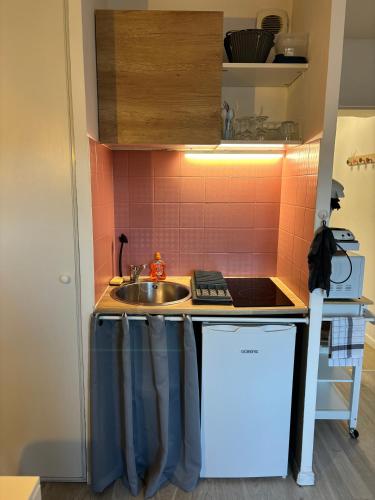 une petite cuisine avec un évier et un comptoir dans l'établissement Au cocon du palais, à Avignon