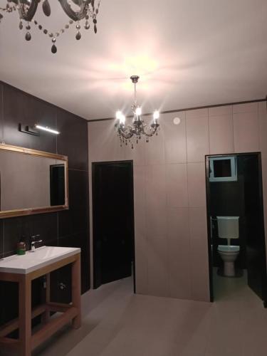 a bathroom with a sink and a toilet and a chandelier at Rezidencija Arion in Kraljevo