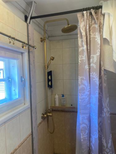 y baño con ducha con cortina azul. en Kliff Butiik Majutus & Restoran en Panga