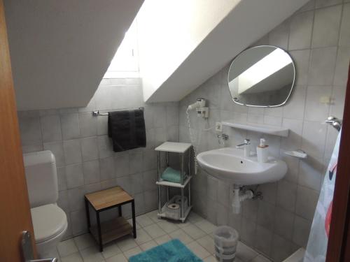 a bathroom with a sink and a toilet and a mirror at Chambre d'hôte du Moulin in Savièse