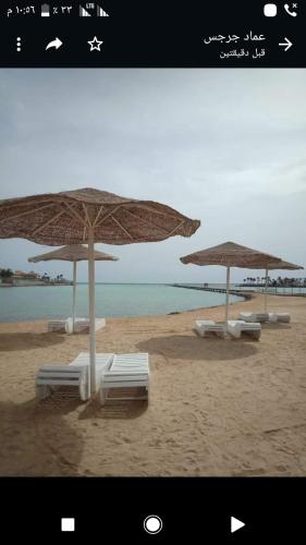 a group of umbrellas and chairs on a beach at الغردقة in `Ezbet Bûgti