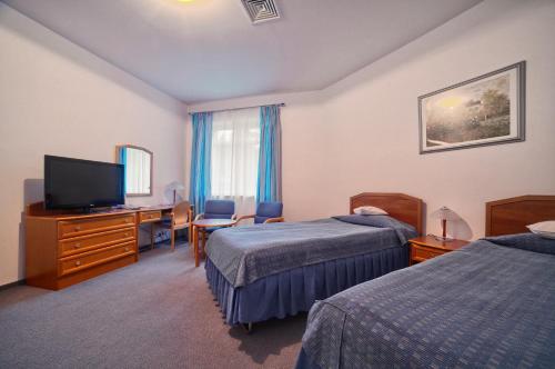 Pokój hotelowy z 2 łóżkami, biurkiem i telewizorem w obiekcie Hotel Perła Bieszczadów Geovita w mieście Czarna