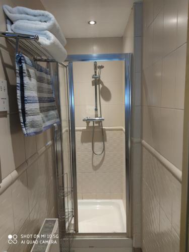 y baño con ducha, lavabo y aseo. en Sussex Lodge Guest House en Slough