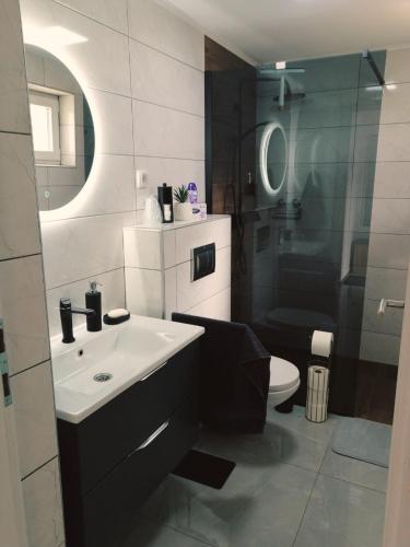 un bagno con lavandino, doccia e WC di Kuća za odmor Sunset a Daruvar