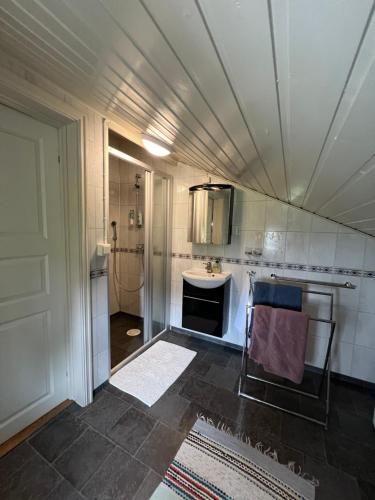 uma pequena cozinha com um lavatório e um fogão em Visit Leif at Senja em Gibostad