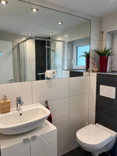 La salle de bains blanche est pourvue d'un lavabo et de toilettes. dans l'établissement Fewo Haus Hutzelbuck in idyllisch-grüner Lage nähe AN, à Ansbach