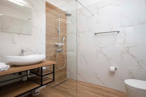 a bathroom with a sink and a glass shower at Villa Rudina in Pomer
