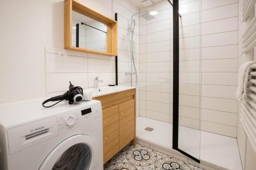 une machine à laver dans une salle de bain avec douche dans l'établissement Dauphin vieille ville Annecy ancien couvent 1638, à Annecy