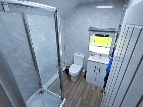 a bathroom with a shower and a toilet and a sink at Ard Veich Estate - Panoramic Highland Sea Views with private beach and woodland in Port Appin