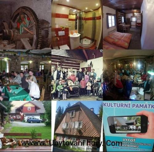 a collage of pictures of a group of homes at Roubenka Mlýn u skály Deštné v Orlických horách volné termíny 5 bytů in Deštné v Orlických horách