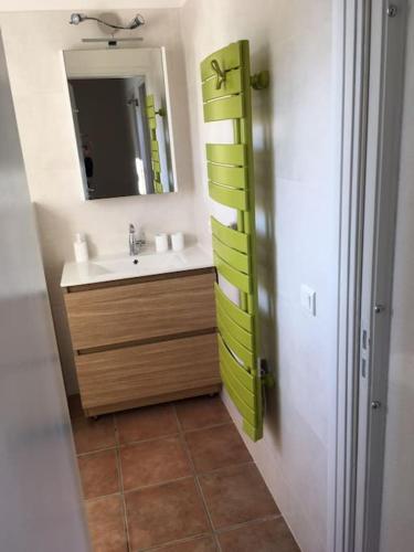 une salle de bain avec un lavabo et un miroir dans l'établissement Villa VESTA 62m2 à St Cyprien 700 m de la plage et du village, à Lecci