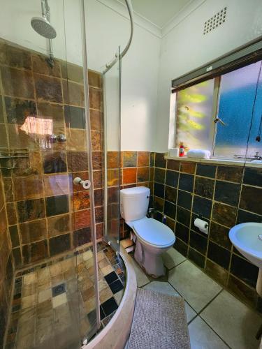 a bathroom with a toilet and a shower and a sink at Pine Valley in Lanseria