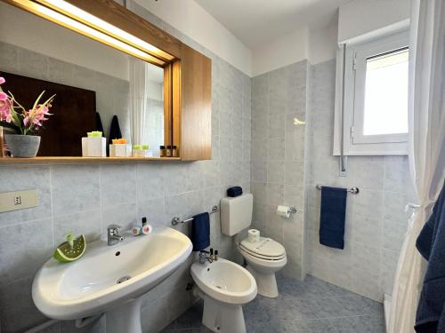 a bathroom with a sink and a toilet and a mirror at Residence Torre Zanier in Lignano Sabbiadoro