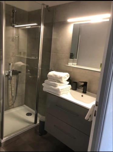 une salle de bain avec douche et lavabo dans l'établissement Maison de ville proche mer, à Les Sables-dʼOlonne