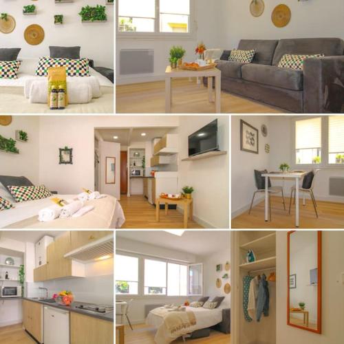 un collage de quatre photos d'un salon et d'une cuisine dans l'établissement Le Gallieni By ApiRent #Centre-ville #Lumineux #Wifi, à Cannes