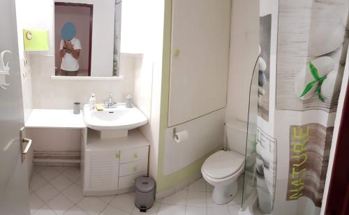 une salle de bain blanche avec un lavabo et des toilettes dans l'établissement Studio 25m2/côté couchant-plages & commerces, à La Grande Motte