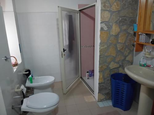 a bathroom with a shower and a toilet and a sink at Su Mulinu 
