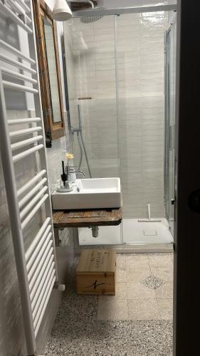 a bathroom with a sink and a glass shower at Vecchio Calzaturificio Verducci in Montegranaro