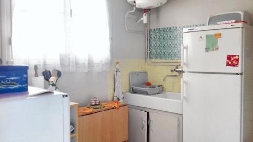 uma cozinha com um frigorífico branco e um lavatório em Maison d'une chambre avec jardin clos et wifi a La Croix en Touraine em La Croix-en-Touraine