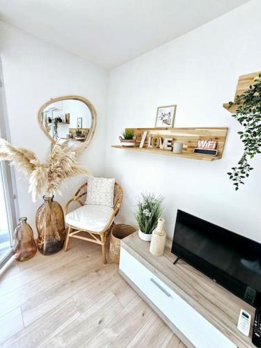 - un salon avec une télévision et un miroir dans l'établissement Mandelieu vacances RDC jardin, piscine, parking 2 chambres, à Mandelieu-la-Napoule