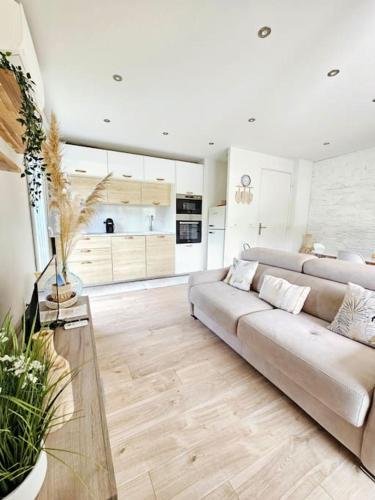 un salon avec un canapé et une cuisine dans l'établissement Mandelieu vacances RDC jardin, piscine, parking 2 chambres, à Mandelieu-la-Napoule