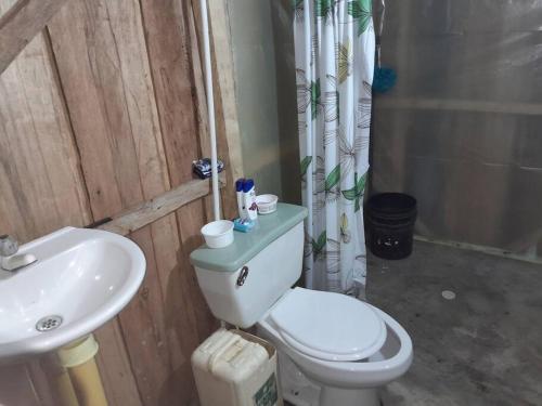 UrraoにあるA ver Aves, mágico lugar.の白いトイレと洗面台のあるバスルーム