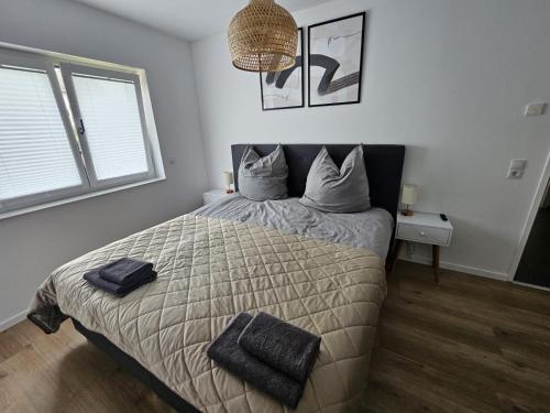 1 dormitorio con 1 cama con 2 almohadas en Moderne Wohnung am Rhein, en Coblenza