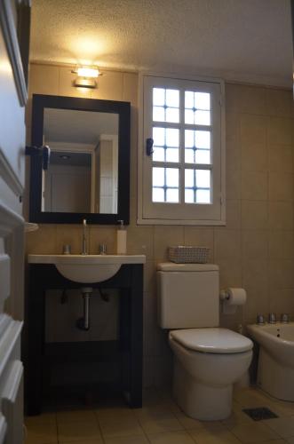 ein Bad mit einem WC, einem Waschbecken und einem Fenster in der Unterkunft Alto Chacras Cottage in Chacras de Coria