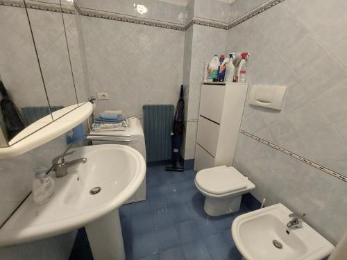 een witte badkamer met een wastafel en een toilet bij Bilocale centro storico in Pesaro