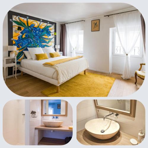 - deux photos d'une chambre avec un lit et un lavabo dans l'établissement Les Chambres de RESEAU LOUISANNE, à Saint-Rémy-de-Provence