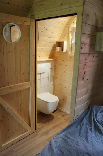 a bathroom with a toilet in a wooden cabin at Camping pod Lyts Dekema 1 in Baard