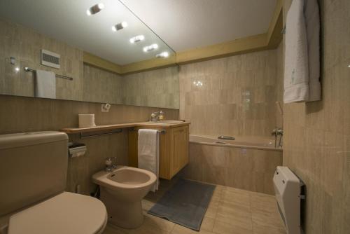 a bathroom with a toilet and a sink and a tub at Apartment Vicomte in Verbier