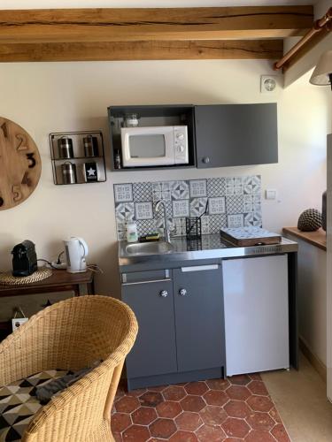 - une cuisine avec un comptoir et un four micro-ondes dans l'établissement Appartement Duplex 2 pièces - Corps de ferme, à Montépilloy