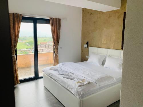 een slaapkamer met een bed en een groot raam bij Hotel Albatros in Prizren