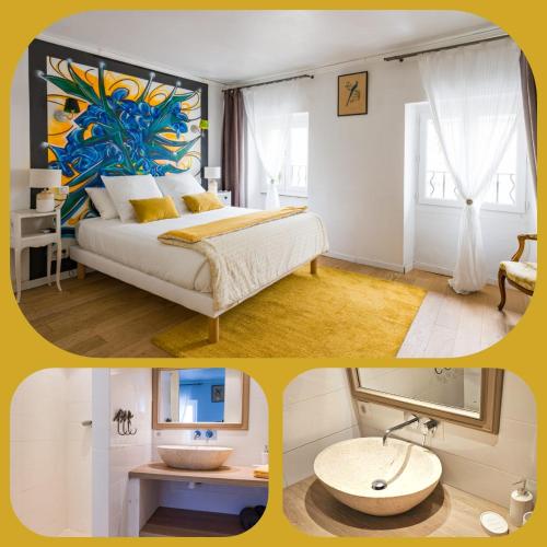 un collage de trois photos d'une chambre dans l'établissement Les Chambres de RESEAU LOUISANNE, à Saint-Rémy-de-Provence