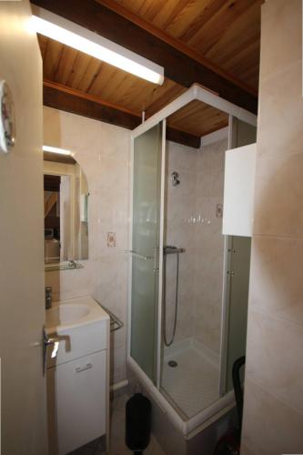 une salle de bain avec douche et lavabo dans l'établissement Jolie maison d'angle, belle terrasse arborée et clôturée , 4 couchages, cuisine climatisée , à 400 m de la mer a PORTIRAGNES PLAGE LRHP58, à Portiragnes